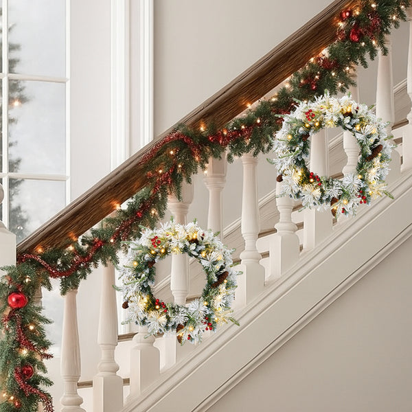 2 Pack 18in Pre-lit Snow Flocked Christmas Wreath, Lighted Artificial Xmas Wreath with 60 Warm Lights and 140 Tips