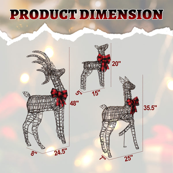 3pcs 4FT 30.00V 3.60W Family Elk Brown Ratten Style Frame Courtyard Elk Decoration