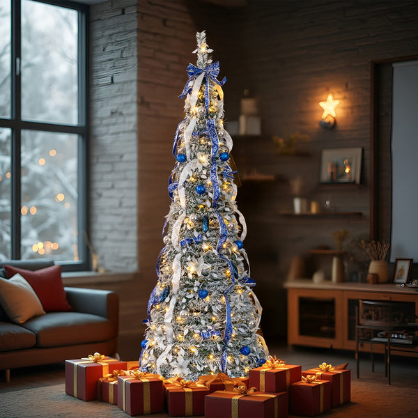 7FT Snow Flocked Pre-lit Artificial Pop Up Christmas Tree with 200 Warm Lights and Blue & Silver Ornaments for Home Holiday Decor