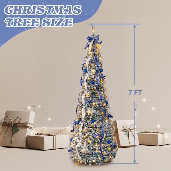 7FT Snow Flocked Pre-lit Artificial Pop Up Christmas Tree with 200 Warm Lights and Blue & Silver Ornaments for Home Holiday Decor
