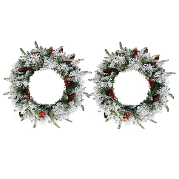 2 Pack 18in Pre-lit Snow Flocked Christmas Wreath, Lighted Artificial Xmas Wreath with 60 Warm Lights and 140 Tips