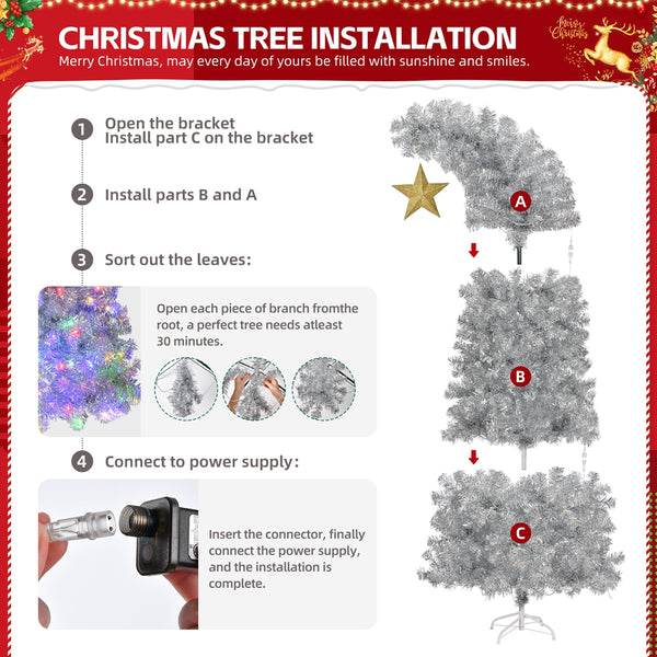 6FT Bent Top Pre-lit Christmas Tree with Golden Star, Hinged Artificial Xmas Tree with 300 Lights, 900 Branch Tips for Holiday Party