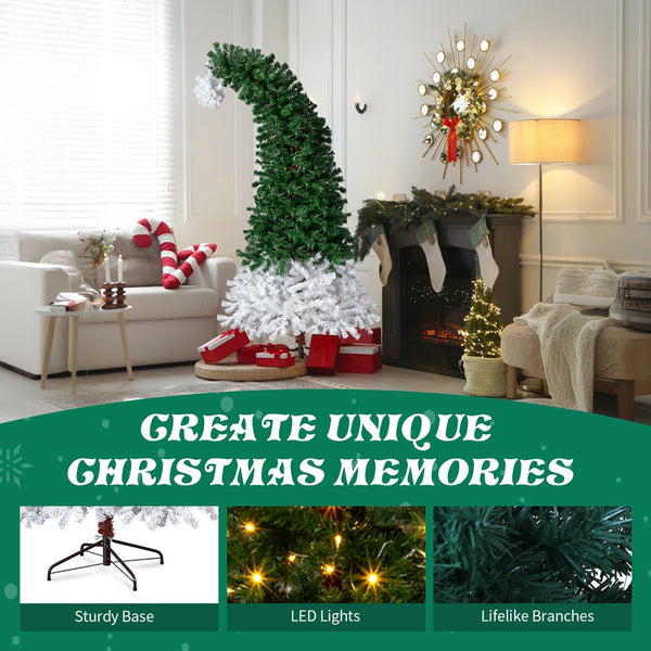6FT Santa Hat Style Pre-lit Christmas Tree, Hinged Artificial Xmas Tree Pine Tree with 250 Warm White Lights, 839 Branch Tips for Holiday Party