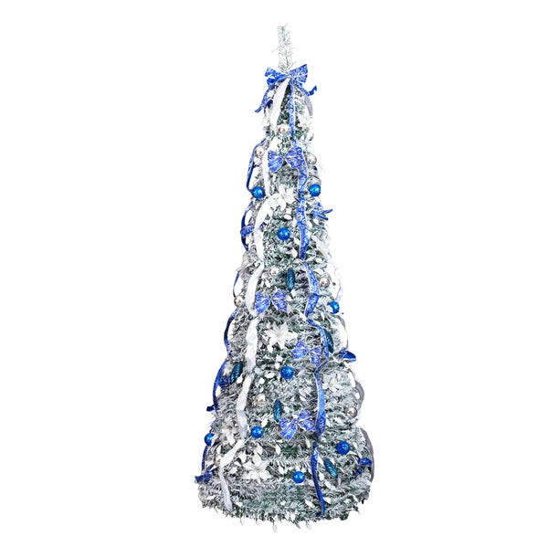 7FT Snow Flocked Pre-lit Artificial Pop Up Christmas Tree with 200 Warm Lights and Blue & Silver Ornaments for Home Holiday Decor