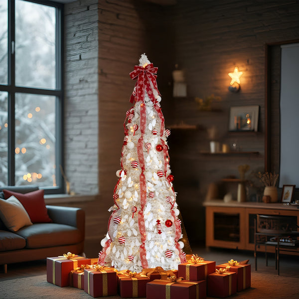 6 FT Fully Decorated Pre-lit Christmas Tree, Pop Up Artificial Xmas Tree with 100 Warm Lights and Red Ornaments for Holiday Decor