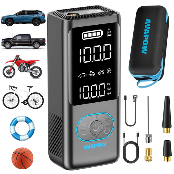 AVAPOW Tire Inflator Portable Air Compressor, 150 PSI Cordless Car Tire Air Pump, 3.7″ LCD Screen, Auto-Shuts Off Tire Pump for Motorcycle,Bike