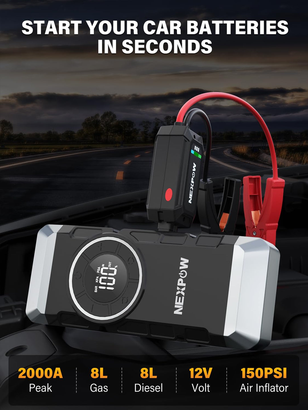 NEXPOW Car Battery Jump Starter 2000A Peak with Air Compressor,12V 150