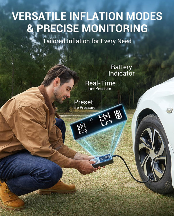 AVAPOW Tire Inflator Portable Air Compressor, 150 PSI Cordless Car Tire Air Pump, 3.7″ LCD Screen, Auto-Shuts Off Tire Pump for Motorcycle,Bike