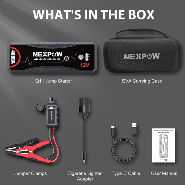 NEXPOW Car Jump Starter,Car Battery Jump Starter 4000A Peak Q11 Pack for Up to All Gas and 10.0L Diesel Engine12V Auto Battery Booster,Jumper Cables,Portable Lithium Jump Box with LED Light/USB QC3.0