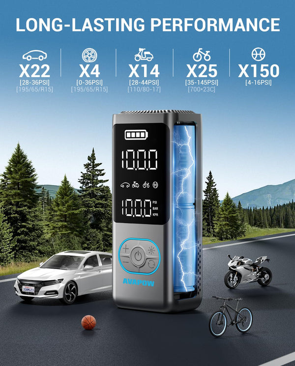 AVAPOW Tire Inflator Portable Air Compressor, 150 PSI Cordless Car Tire Air Pump, 3.7″ LCD Screen, Auto-Shuts Off Tire Pump for Motorcycle,Bike